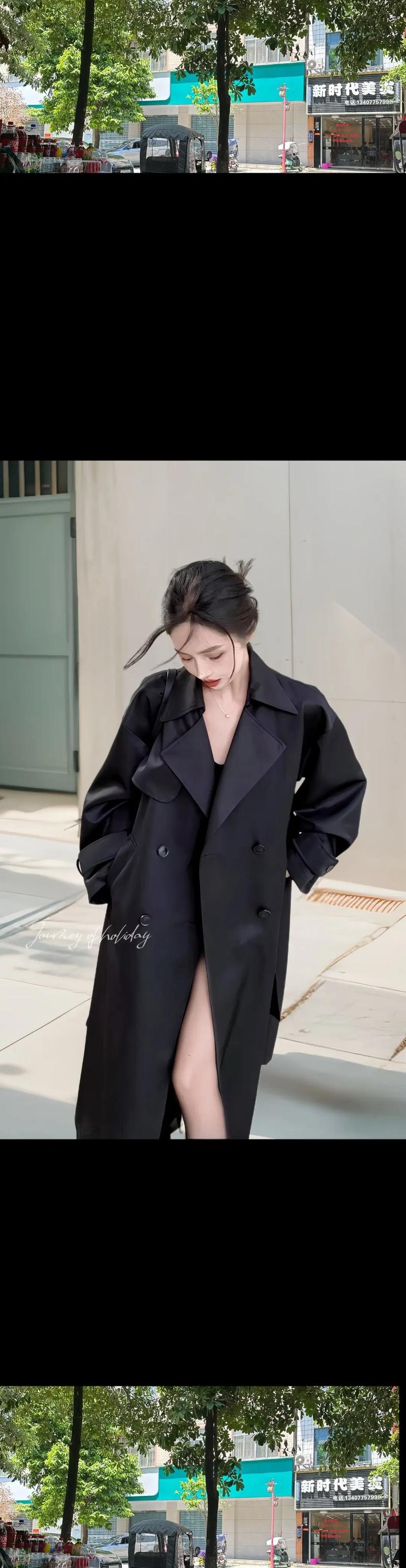 女士黑色风衣搭配图片_黑色风衣配蓝衬衫透视裙，复古又灵动！