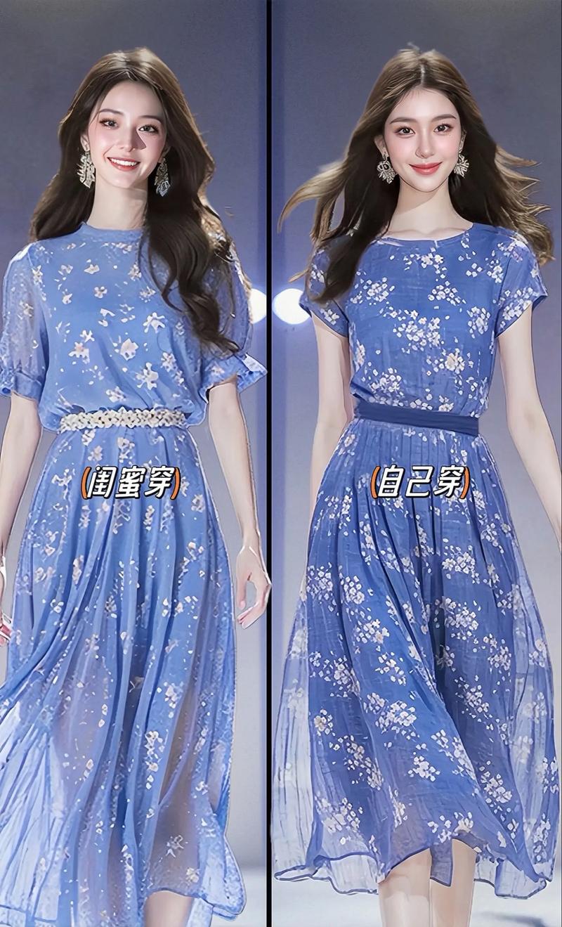 蓝色碎花连衣裙配粉色黄色鞋_蓝色碎花裙配粉色凉鞋，甜美时尚！