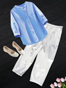 蓝色上衣白色裤子配什么鞋子_夏日蓝白搭配,清爽时尚!