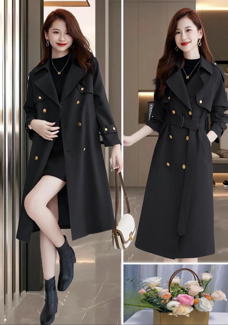 女士黑色风衣搭配图片_黑色风衣配蓝衬衫透视裙，复古又灵动！