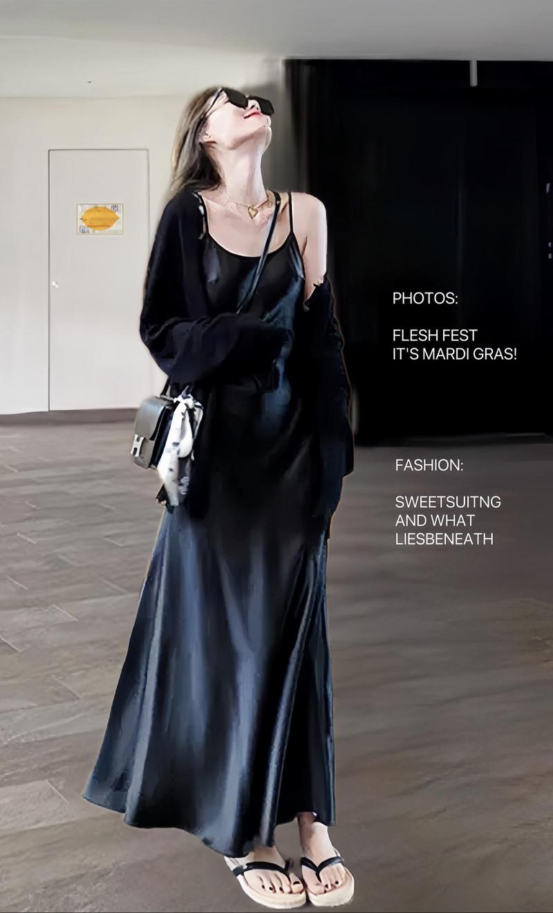 黑吊带长裙配什么上衣图片_外套混搭时尚满分 黑吊带长裙配什么上衣图片_外套混搭时尚满分