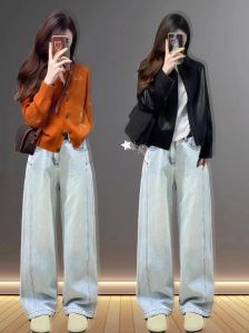 阔腿牛仔裤上衣搭配图_显瘦高腰阔腿裤,小个子必备百搭神裤!